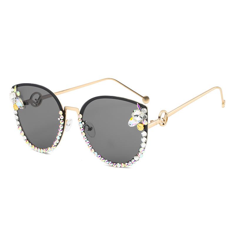 Diamond-inlaid cat eye retro sunglasses large frame sunglasses women's metal temple hollow sunglasses