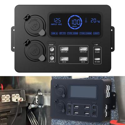 Přenosný ovládací hub s LED světly Mini napájecí box 12V 100W adaptér pro obytné vozy, SUV, lodě LCD displej Napájecí box s LED světly