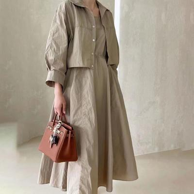 Lente en Herfst Mode Casual Effen Kleur Eenvoudige Lange Rok Jas Twee Delig Pak