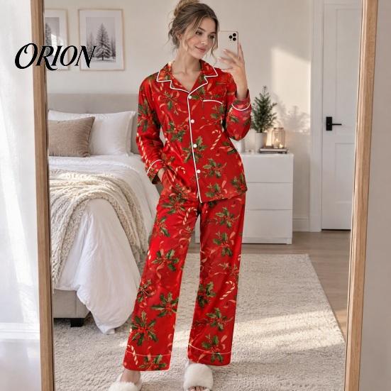 Breathable Pajamas 2Pcs/Set Women Christmas Pajama Set, Long Sleeve Button Down Shirt Soft Loungewear Gift Wide Leg Pants Cute Xmas Print Sleepwear