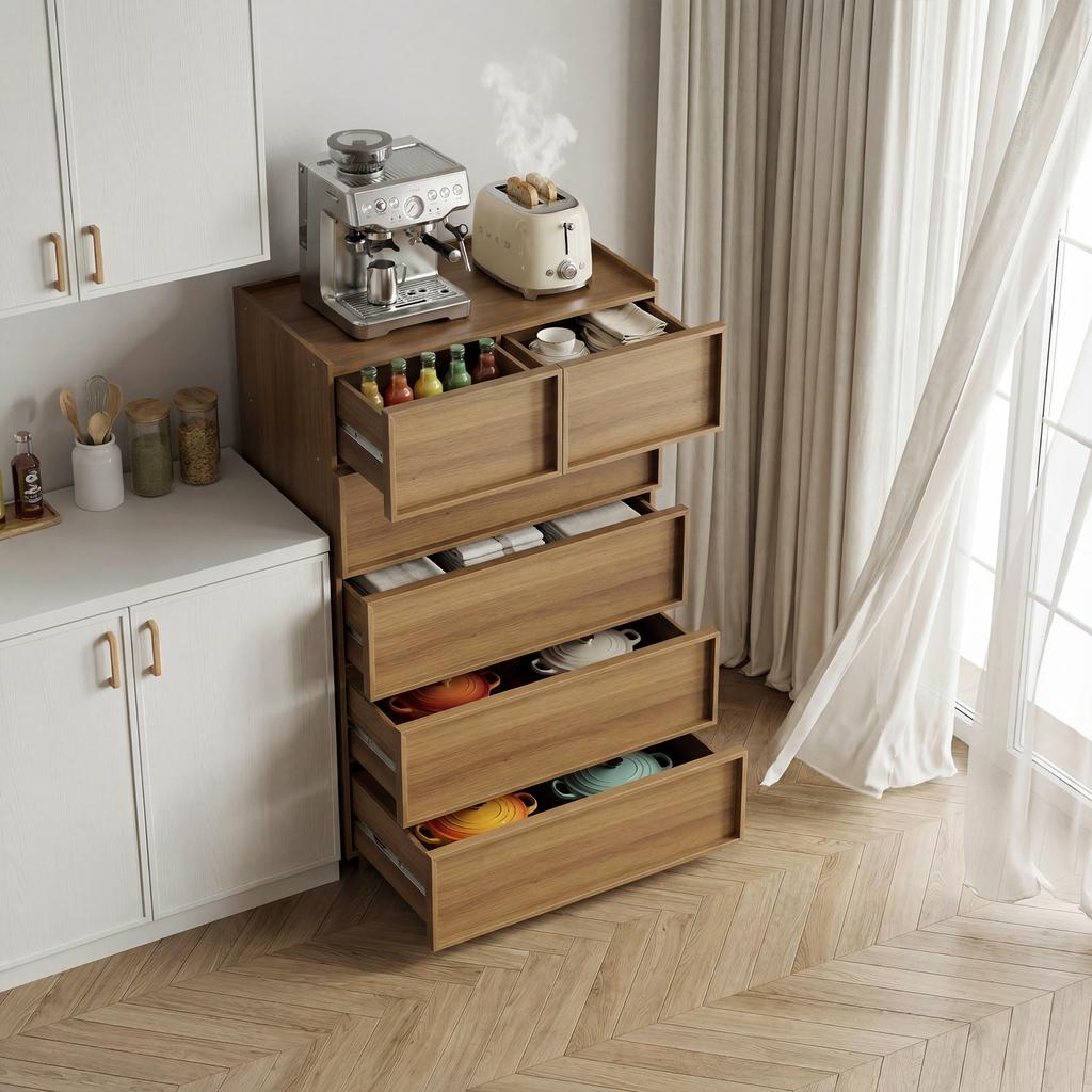 Sechs Schubladenkommode, Moderner Kleiderschrank/Schrank, Schminktisch, Geeignet für Wohnzimmer, Schlafzimmer, Flur, 80 x 48 x 127 cm, Eichenfarbe