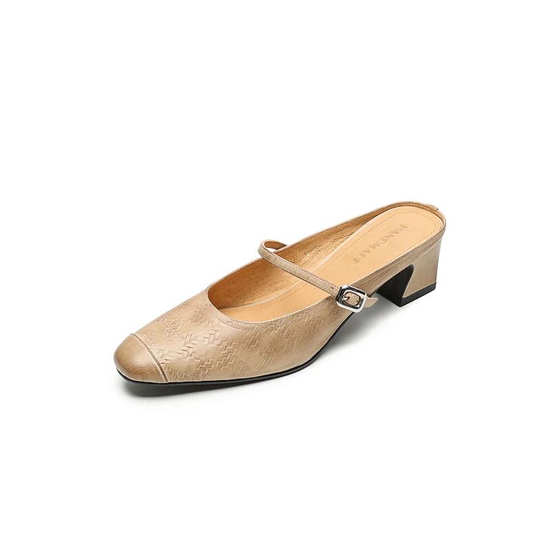 Fashion 2025 NEW Summer Women Mules Genuine Leather Women Shoes Square Toe Chunky Heel Cover Toe Slingback Sandals Modern Slippers