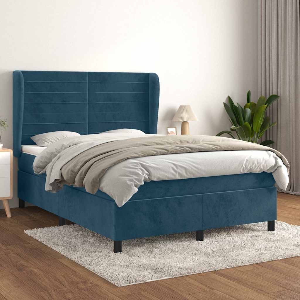Box Spring Bed with Mattress Dark Blue 140 x 190 cm Velvet
