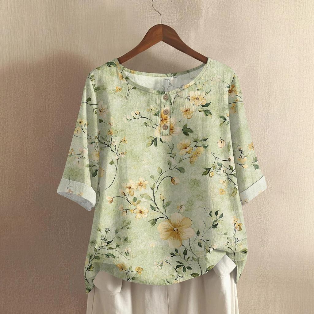 Women's Fashionable And Casual Shirt Half-sleeve Round Neck Print Cotton And Linen Blouse Top