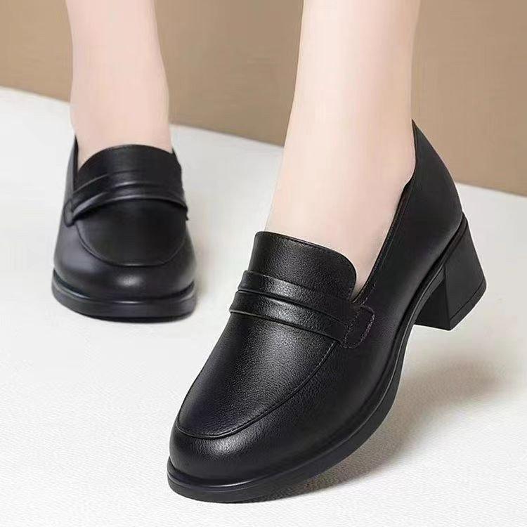 All-Season Women S Deep Cut Mid Heel Work Shoes - Black Soft Leather Mom Flats, Minimalist Versatile Commuter Leather Shoes 35
