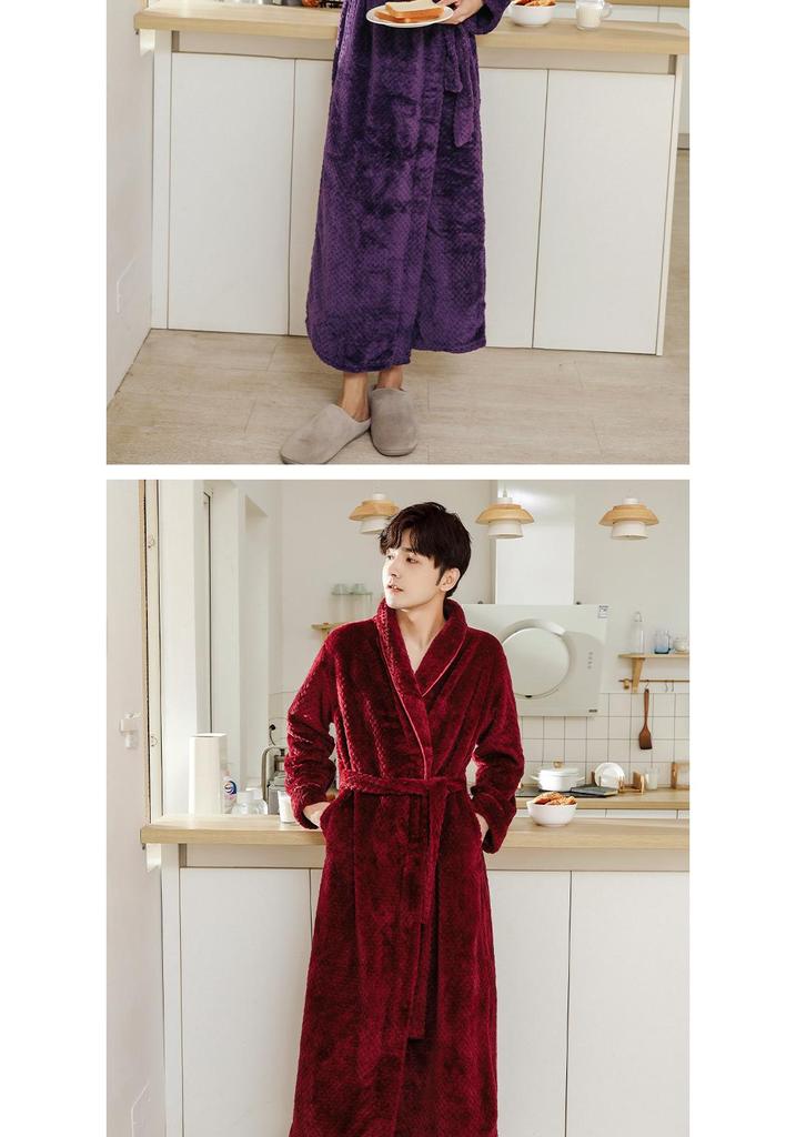 Extra Plush Double-Sided Coral Fleece Bathrobe - Unisex, Plus Size, Ultra Long & Thick for Autumn/Winter