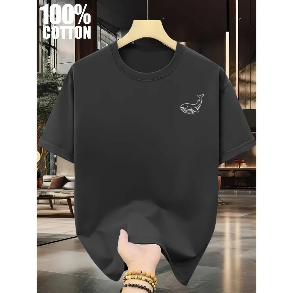 Men's Summer 100 Cotton Fashionable Casual Sports Loose Large Whale Pattern Printed Round Neck Short Sleeve T-shirt Top