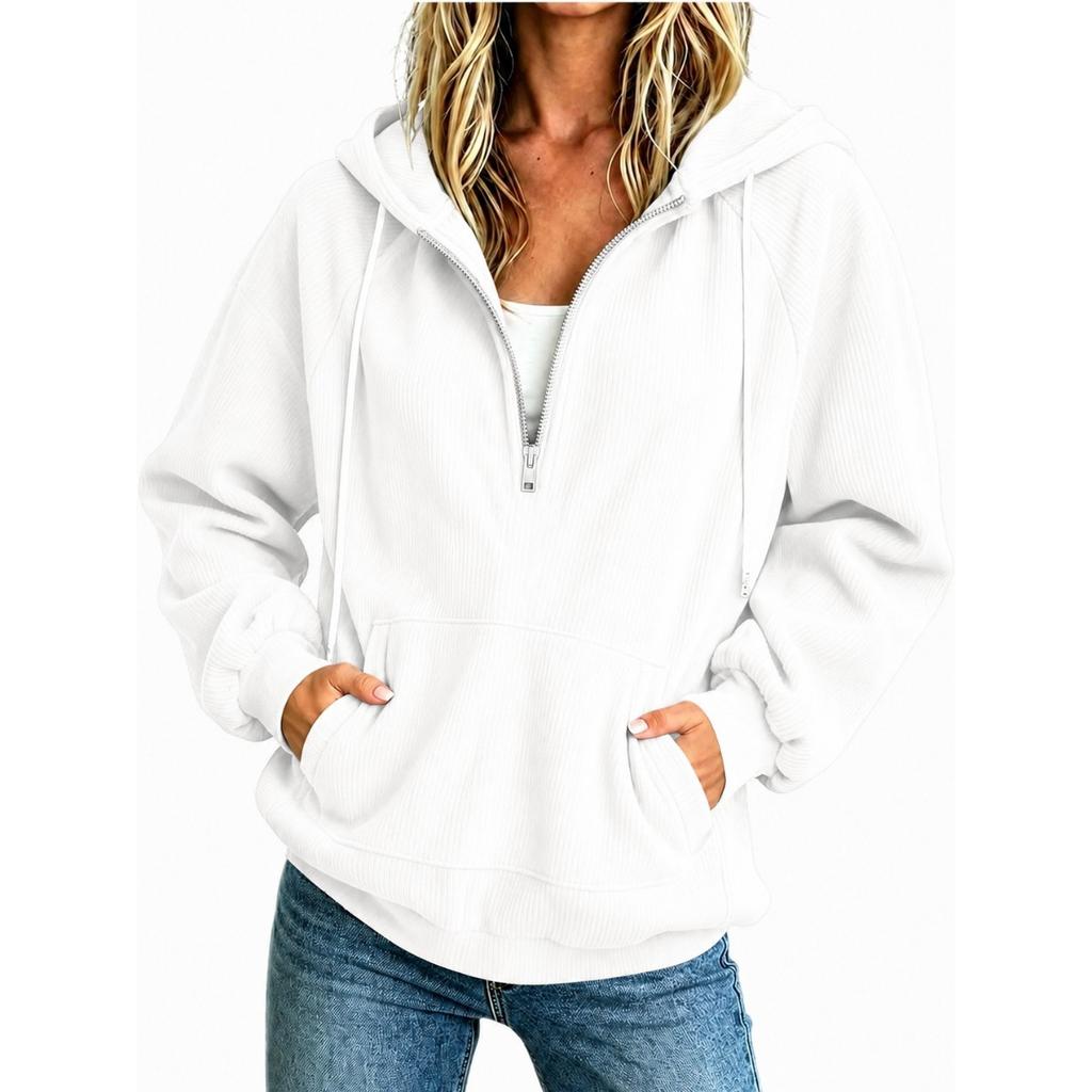 Autumn Winter New Women's Sweatshirt, European American Style Half Zip Hoodie, Loose Long Sleeve Drawstring Casual Top for Women