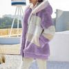 Winter Women's Patchwork Plush Coat, Hooded Zipper Pocket Jacket with Warm Lining, Oversized Casual Outerwear for Cold Weather