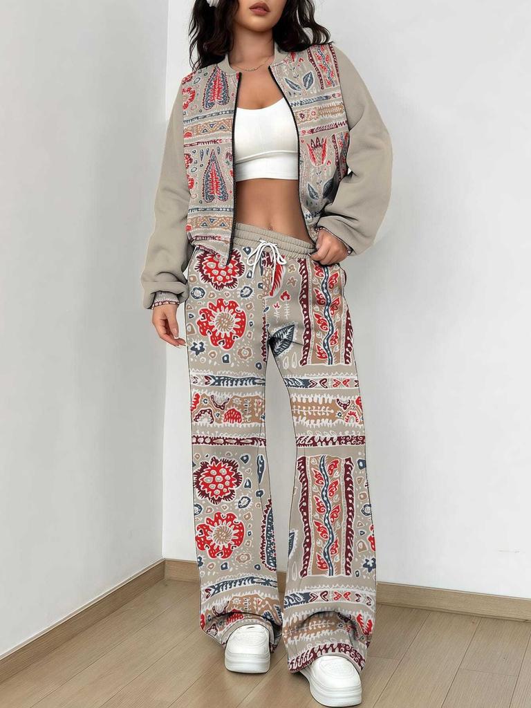Splicing Autumn and Winter New European and American Women's Clothing Retro Pattern Printing Suit Women