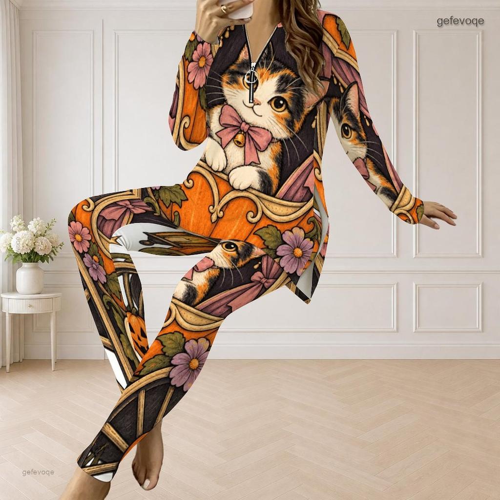 Women Plus Size Halloween Printed Two Piece Pants Set Half Zip Long Sleeve Top And Long Pants