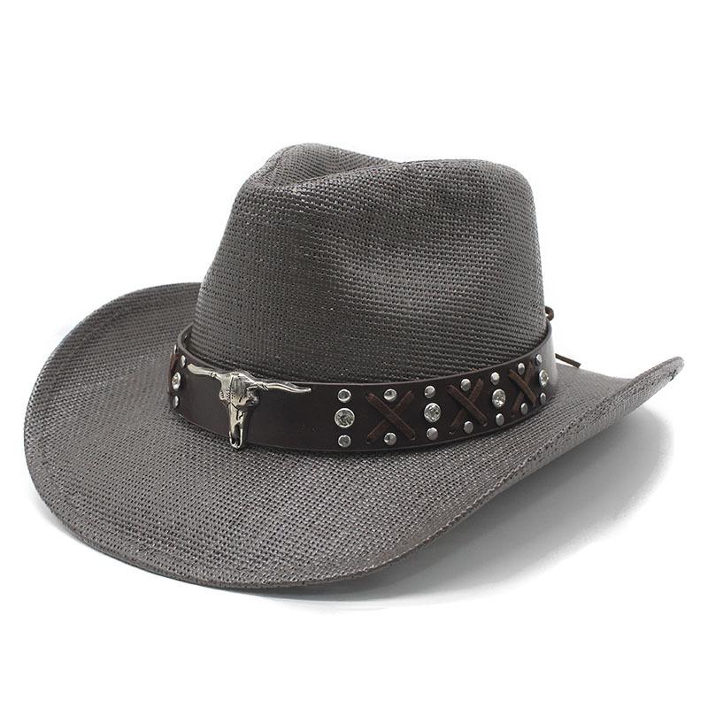 Retro bull head decorative straw hat hot-selling straw woven western cowboy hat men's and women's summer sun hat