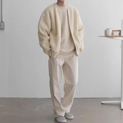 Men's Round Neck Solid Color Knitted Cardigan - 2023 Casual Autumn/Winter Fashion, All-Match, Large Size Trendy Jacket