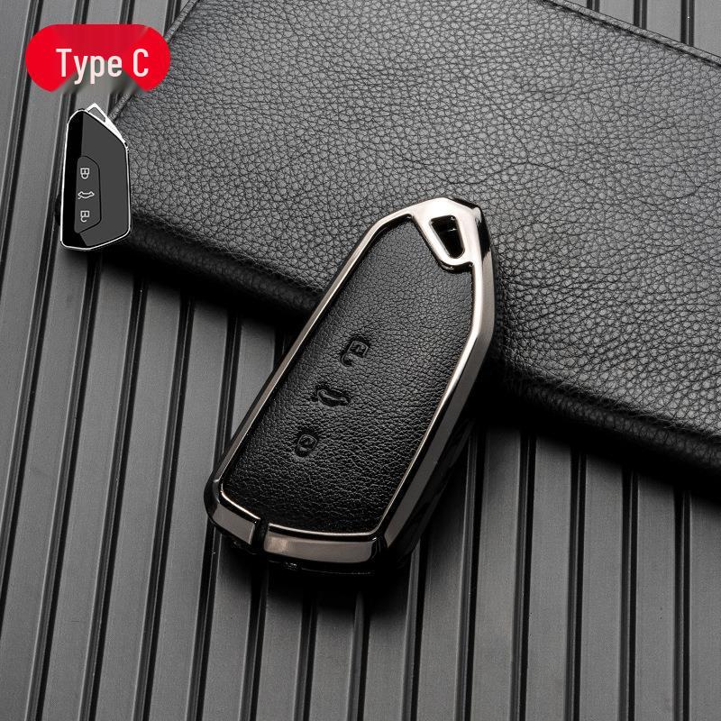 Volkswagen/Skoda Double-Sided Leather Zinc Alloy Car Key Case - Non-Signal Blocking, Full-Wrap Design