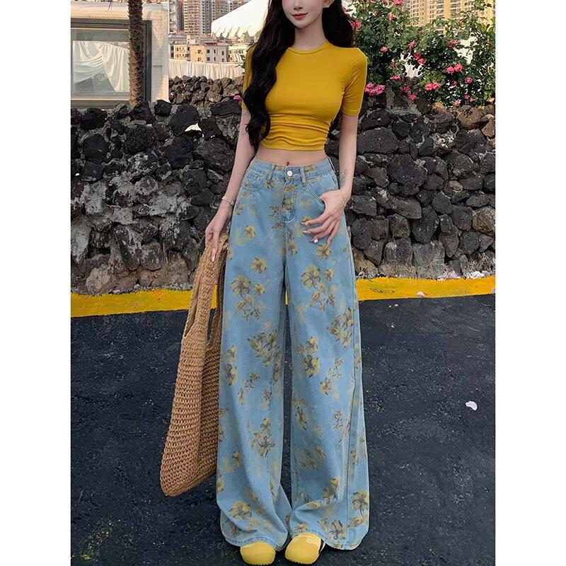 

Женские желтые джинсы с цветочным принтом, с высокой посадкой и широкими штанинами - издание Лето 2025 2X Large синий