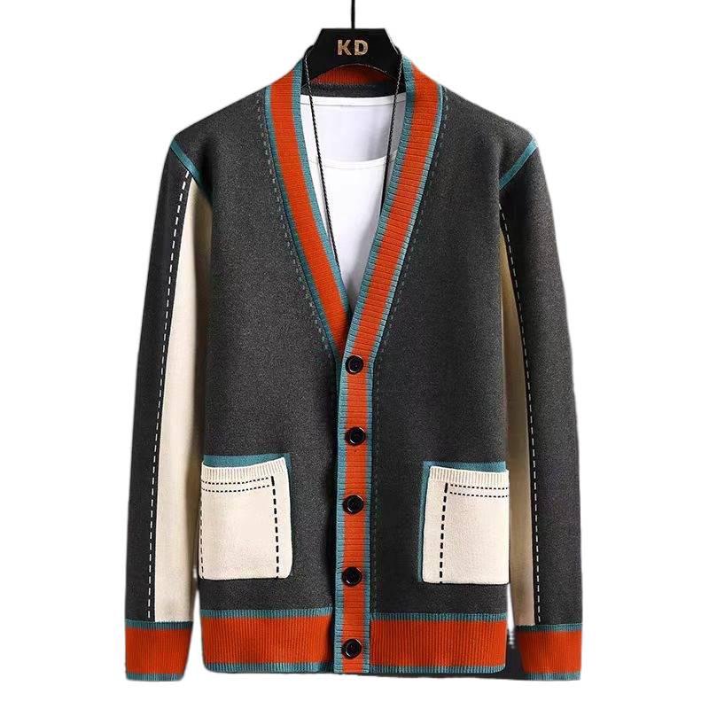 Men's Trendy Color Block V-neck Knit Cardigan - Korean Style Autumn/Winter Sweater Coat