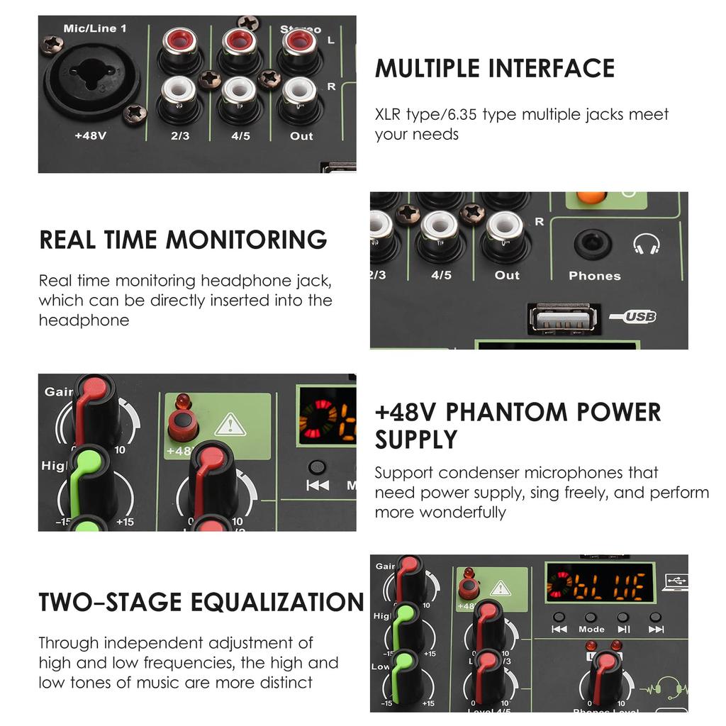 Compact Audio Mixer Sound Mixing Console with 48V Phantom USB Audio LED Reverb Bluetooth Function for DJ Live Karaoke 5-Channel Power, Interface,