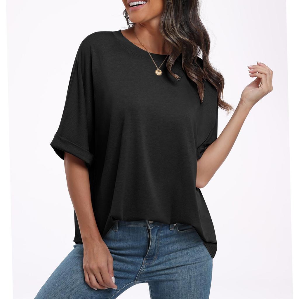Women's Loose Oversized Solid Rround Neck, Shoulder Length Short Sleeved T-shirt Top