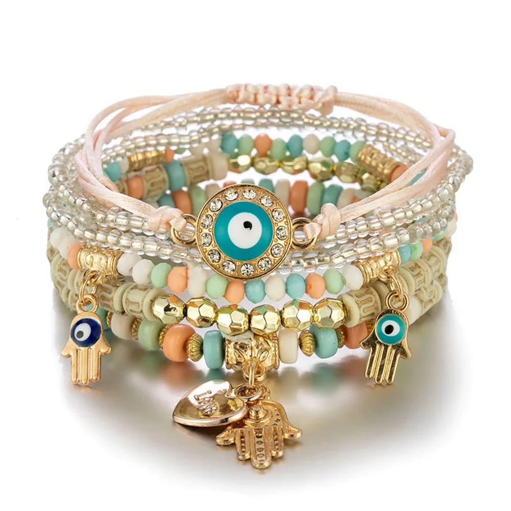 Bohemian Handmade Bracelet Set For Women Fatima Hand Evil Eye Heart Charm Adjustable Rope Chain Bangle Men Daily Wear Jewelry