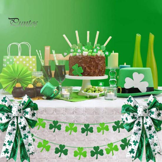 Svatý. Svatého Patrika Mašle Velká Bílá Zelená Třpytivá Mašle se Shamrockem Irská Sváteční Dekorace Stuhová Mašle Uzel na Věnec Vrchol Stromku Vchodové Dveře