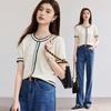 VICTORIA&VERA Elegant Color Block Ice Silk Knit Short Sleeve Top