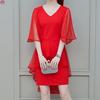Women Fashion Summer Lady Elegant V-Neck Short Sleeve Pure Color Party Dress