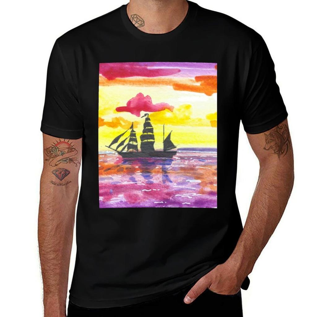 Sunset and Boat Watercolor 3 TShirt Work Utility Short Sleeve Shirt