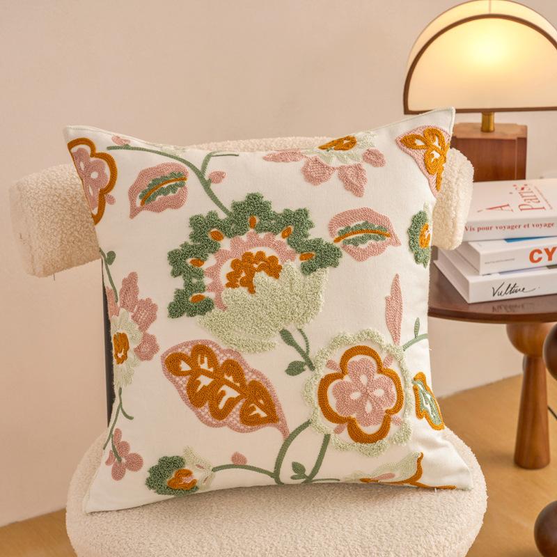 1pc Contemporary Floral Embroidery Throw Pillow Cover with Yellow Flowers & Green Leaves Zippered, Machine Washable for Living Room Decor