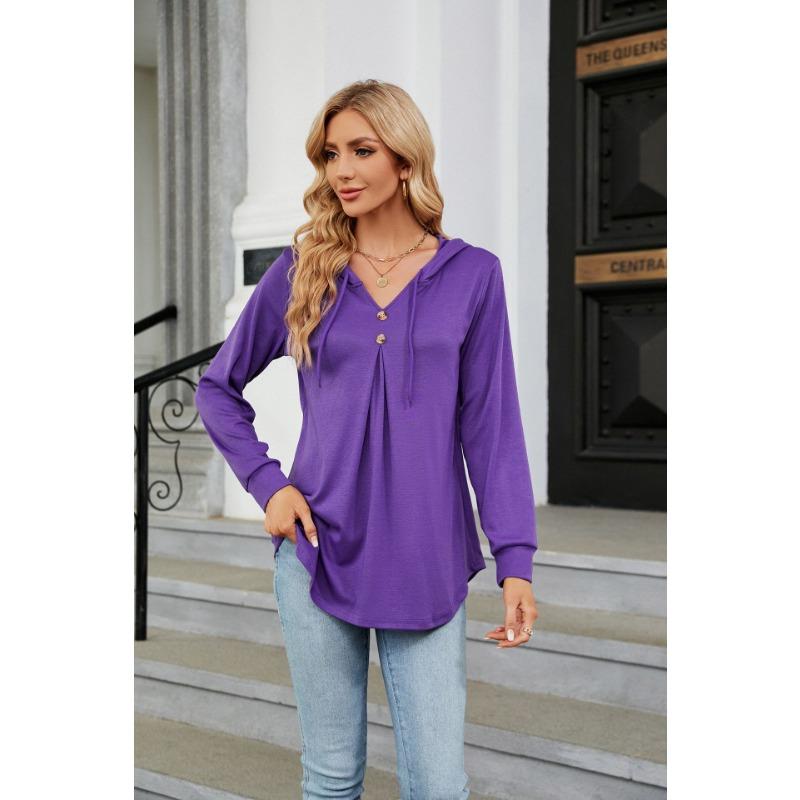 Frühling und Herbst Damen Bluse Einfarbig V-Ausschnitt Knopf Kapuze Lose Langarm Sweatshirt