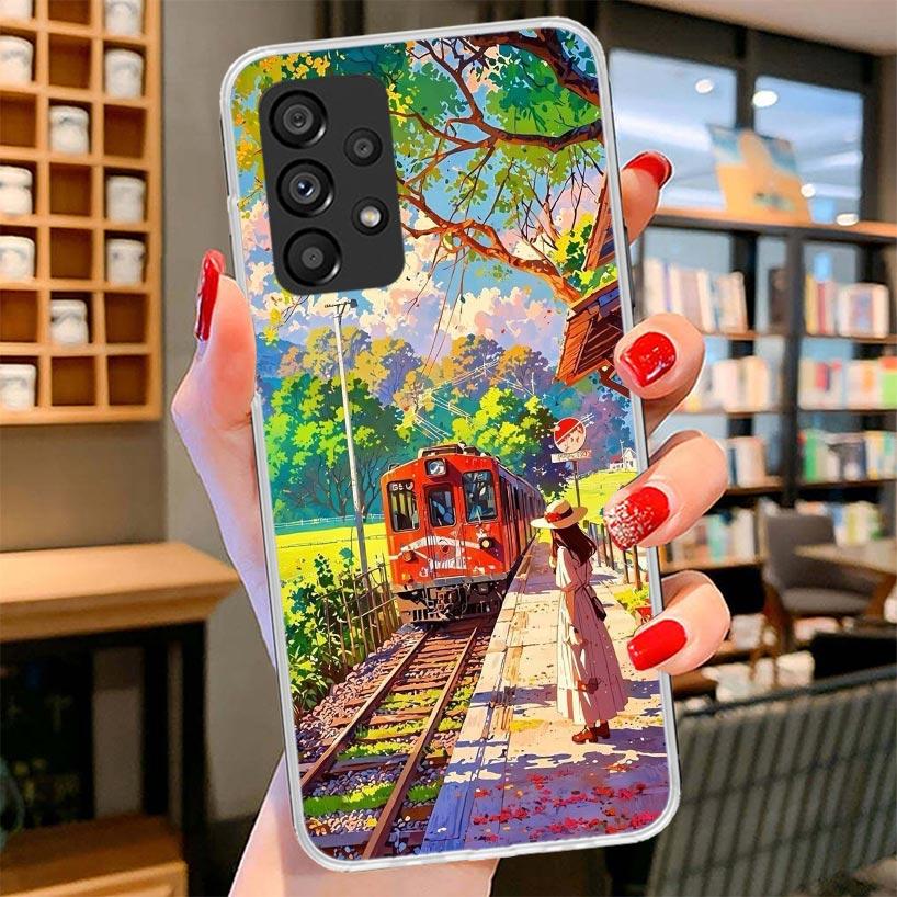 

Retro Japanese Sakura Train Phone Case For Samsung Galaxy A12 A22 A32 A52 A72 A02S Phone Case Note 20 Ultra 10 S10 Plus A51 A71 Samsung Note 20