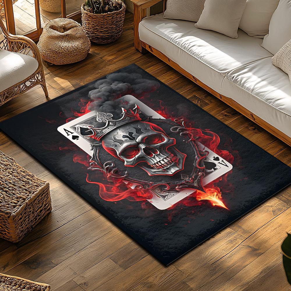 Gothic Skull Card Rug, Red Black Playing Card Design, Anti-Slip Area Mat for Bedroom/Living Room, Dark Home Decor Carpet