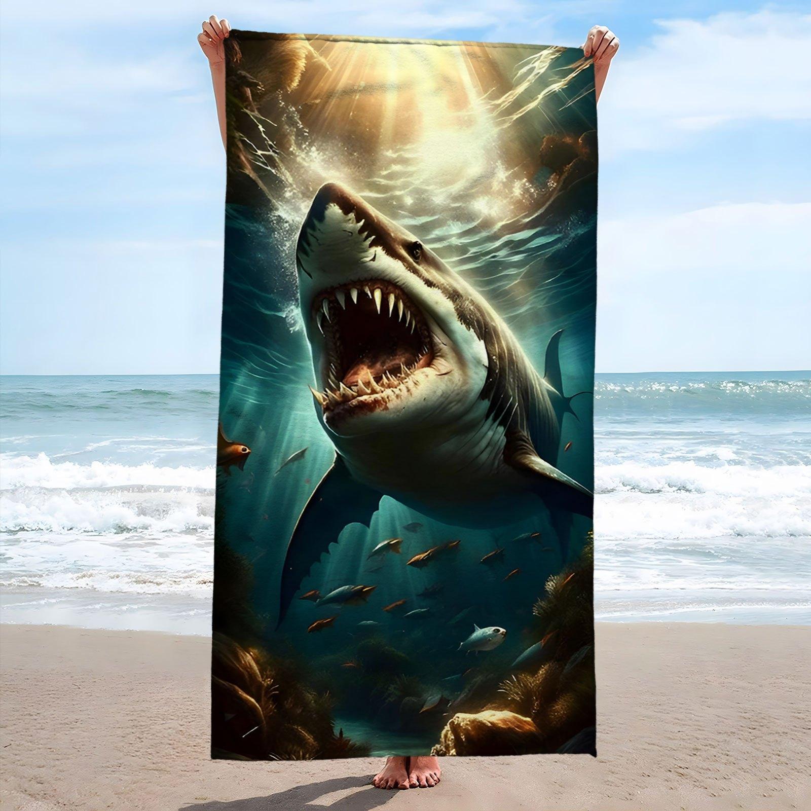 

Fierce Great White Shark Beach Towel Patterned Sunscreen And Windproof Suitable For Swimming Pool Camping Travel Blanket W40*H60(CM)