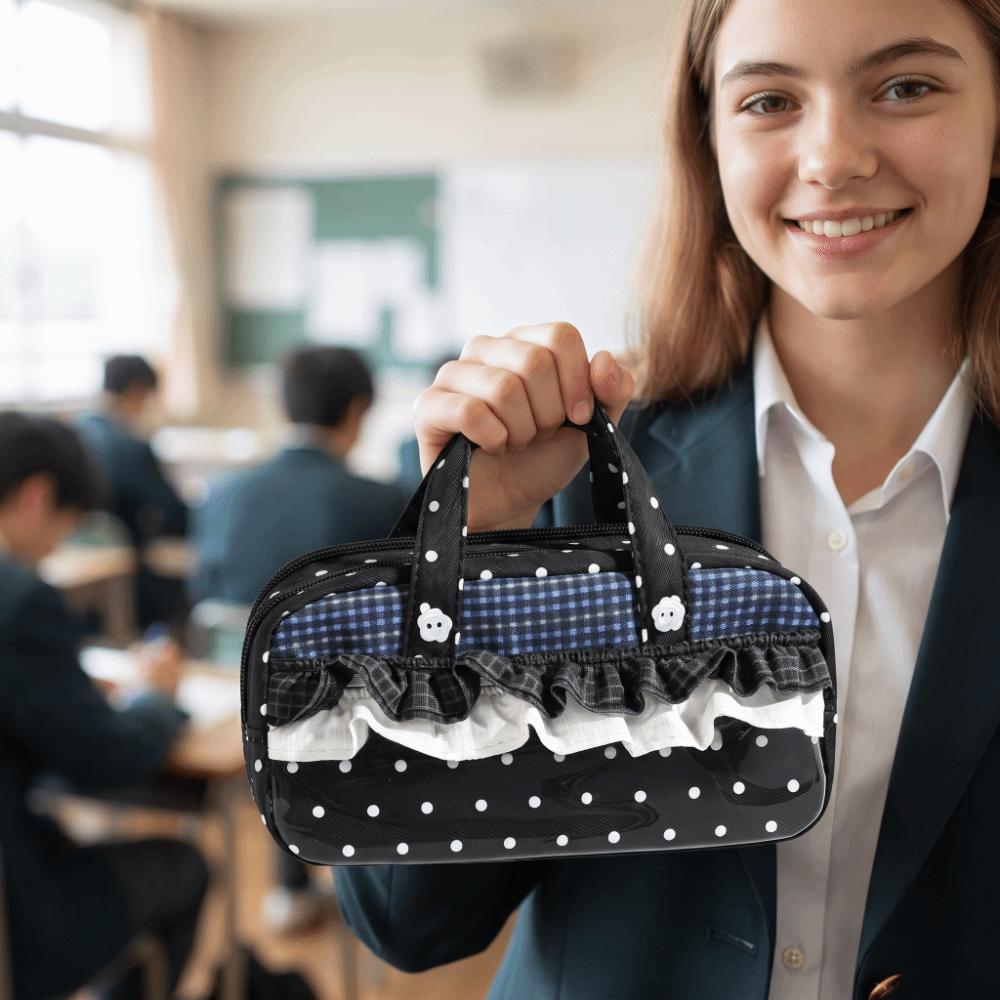 Plaid Polka Dot Lace Pencil Case Multi-Layer Lace Stationery Bag Lace Stationery Pouch Gift Giving