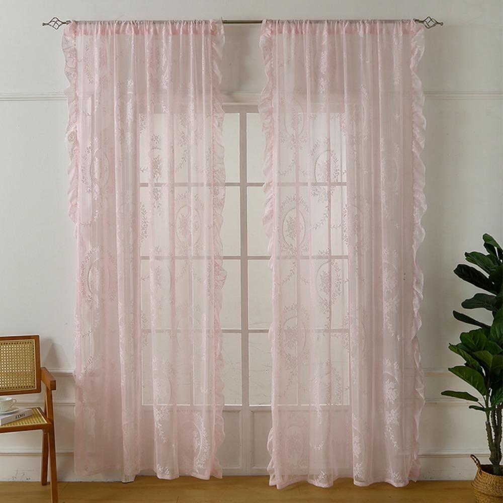 2 Pcs Ruffled Edge Gauze Curtain Retro Lace Sheer Curtain Romantic French Lace Floral Curtain  Door