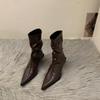 French temperament high heel thin short boots women's shoes 2025 new brown autumn and winter velvet pointed boots small naked boots