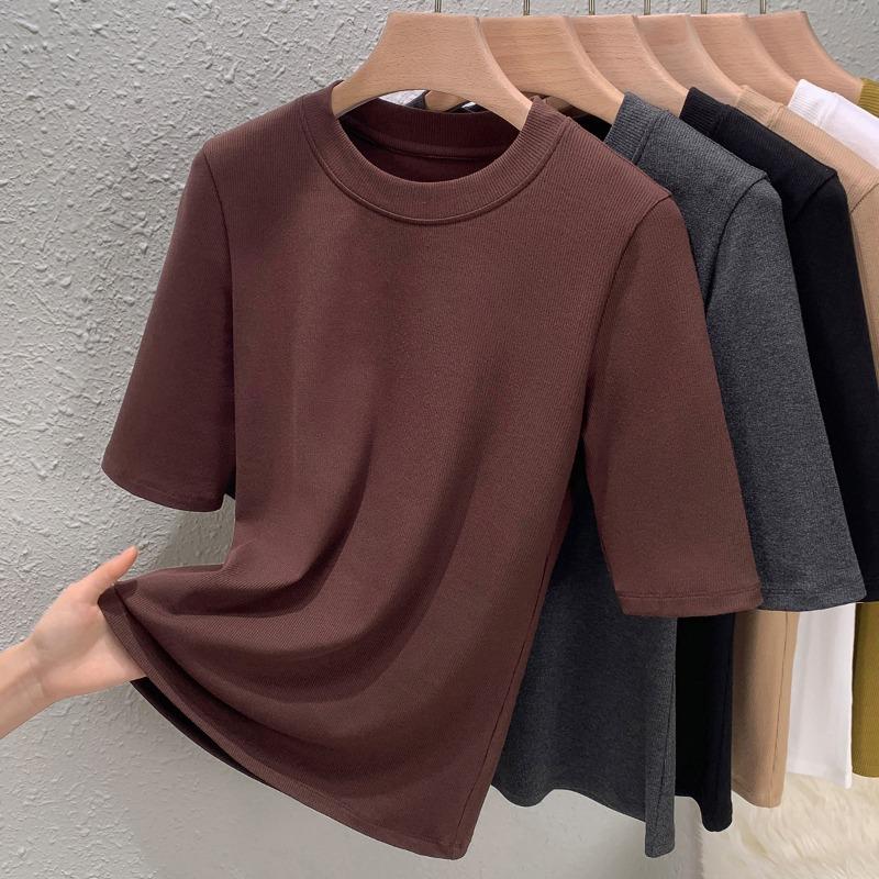 Women's new crew neck bottoming shirt solid color medium sleeve cotton slim fit with silk protein top