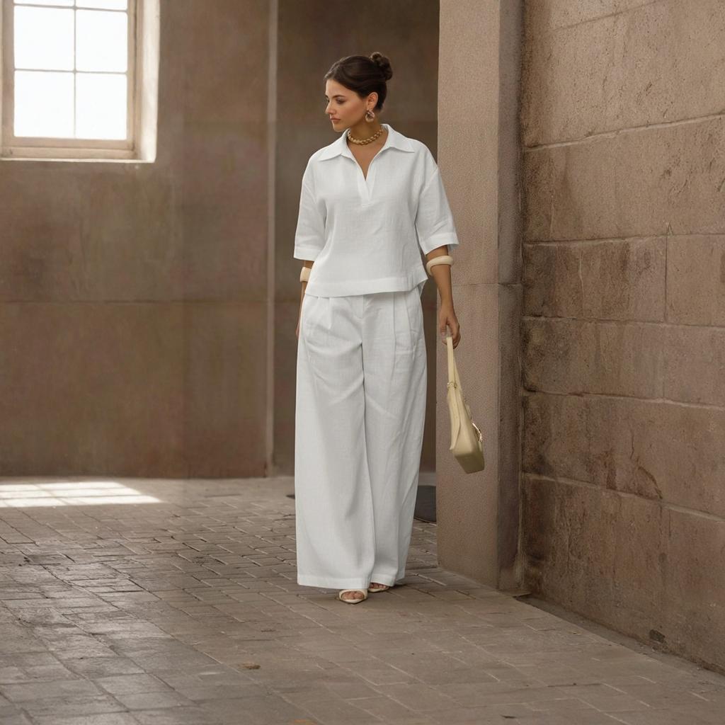 Women's Casual Two-piece Collar Top And Wide Leg Pants Set