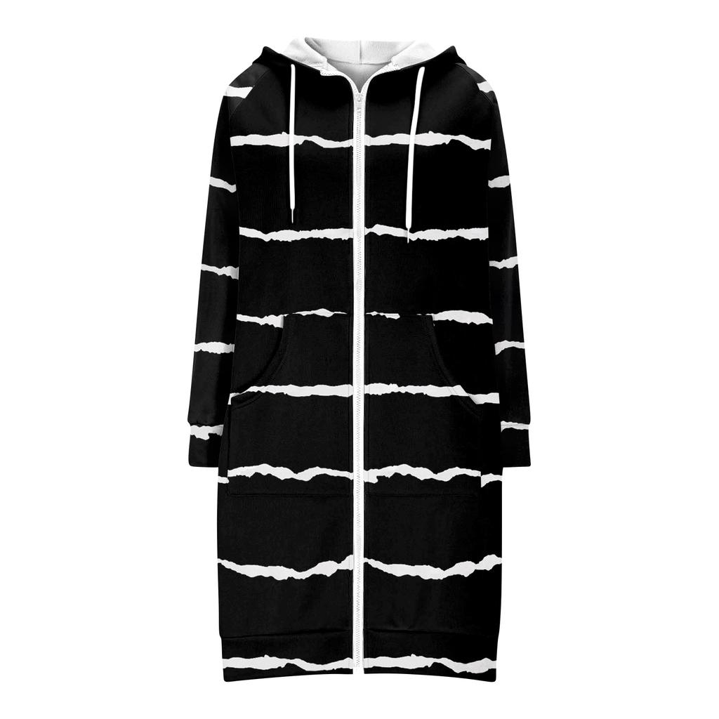Damen Modische Gestreift Bedruckte Langärmelige Kordelzug Kapuzenjacke mit Reißverschluss und Taschen Langes Lässiges Sweatshirt