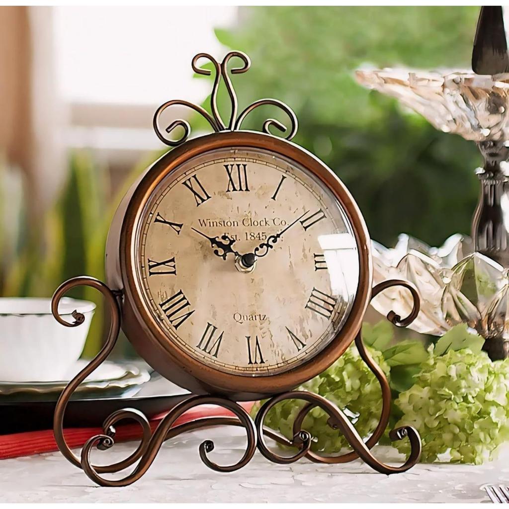 Table Clock Antique Style 10 in dial 6 in Desk Clock Art Unique for Home Office Decor Iron Metal Glass Colour (Antique) (Antiquee)
