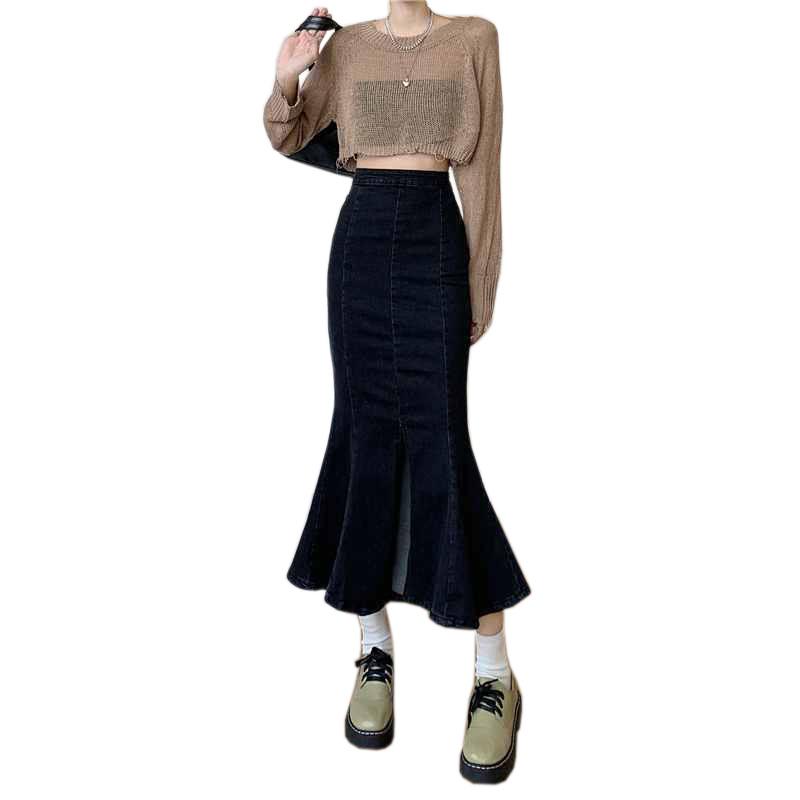 Černá Otevřená Volánková Sukně Poloviční Délky Dámská S Vysokým Pasem Elastická Slim Balíček Boky Rybí Ocas Střední Délky Všestranná Pohodlná Módní Džínová Bustier Sukně