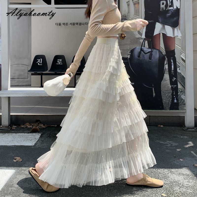 Fairycore Autumn Winter Women Maxi Long Princess Skirt High Waist Beige Purple Layered Ruffles Mesh Skirt Romantic Tierred Party Feminine Skirts