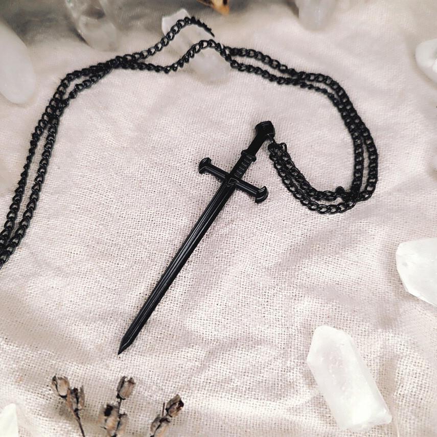 Gothic Black Long Sword Pendant With Cross Chain For Women