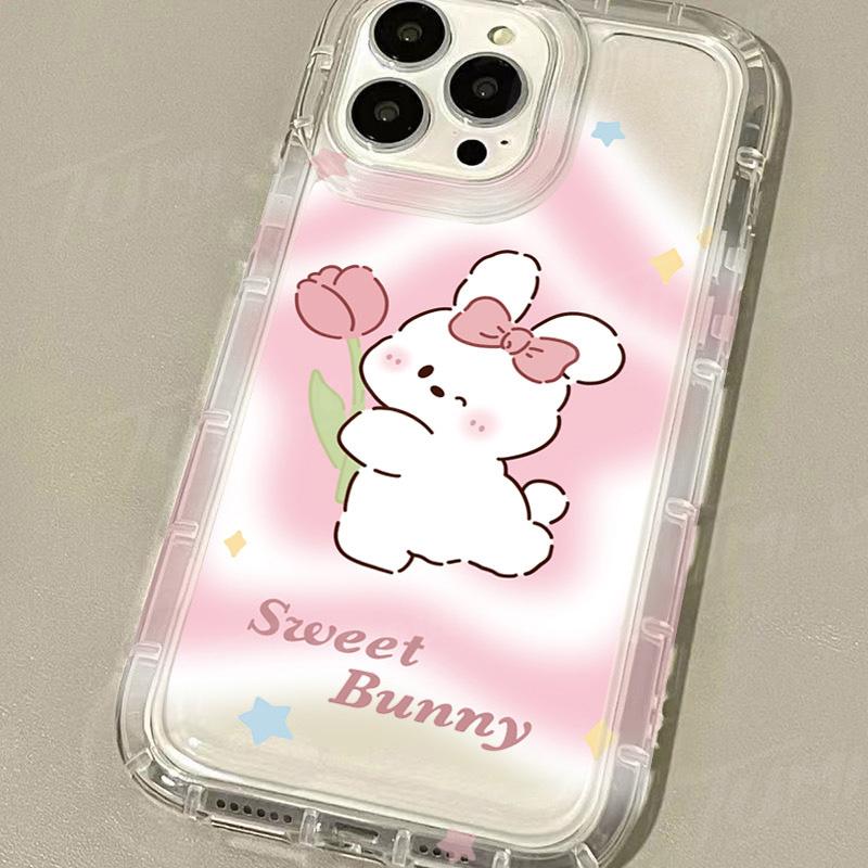 Cute Rabbit Colorful Flower Case for iPhone 17 16 15 14 13 12 11 Pro Max XR XS X 8 7  Shockproof Transparent Cover