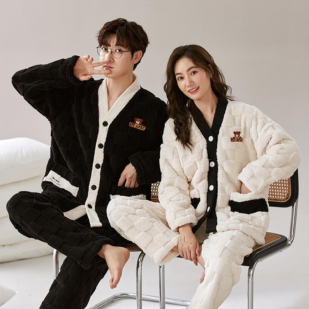Matching Fluffy Loungewear Set for Winter Perfect as a Plus Sizes Cute D.IIZOO Pajamas, Couples, Open-Front Loungewear, Gift, Available, (L, Black)