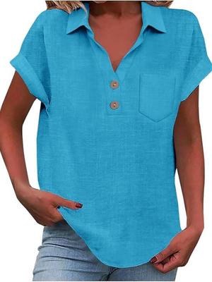 European Women's Cotton Linen Short Sleeve Lapel Button Shirt