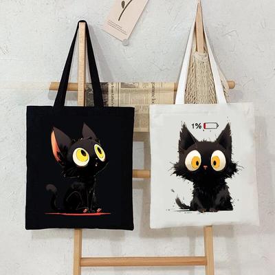 Borsa Tote in Tela Stampa Anime Gatto Nero Borsa Shopping Donna Grafica Casual Moda Teenager Borsetta Cartone Gattino Borsa Laterale per Signore