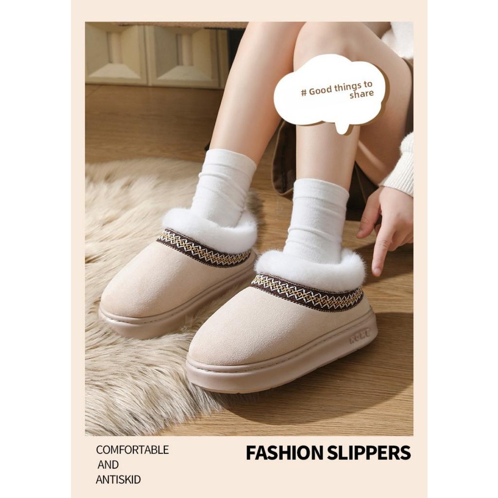 Autunno e Inverno Pizzo Stile Etnico Moda Lana Bocca Pacchetto Completo Tacco Scarpe di Cotone per Coppie, Pantofole di Cotone da Interno e da Esterno