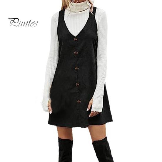 

Женское платье на подтяжках с V-образным вырезом и пуговицами, свободное, без рукавов, чистое, А-силуэт, милое мини-платье для школы, свиданий, поездок на работу M