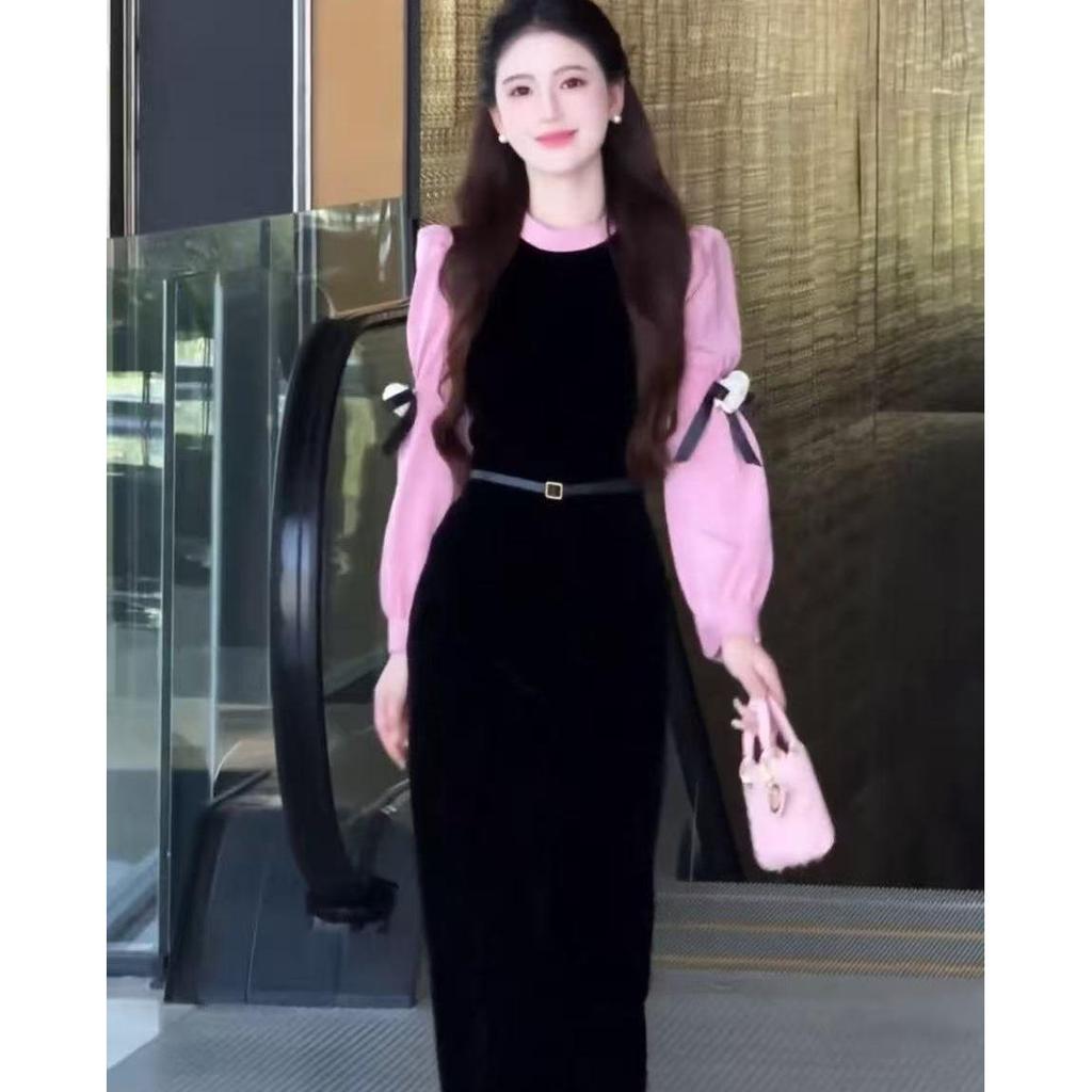 Elegant Black Velvet Patchwork Long Dress - Waist-Cinching, Autumn/Winter 2025 Style