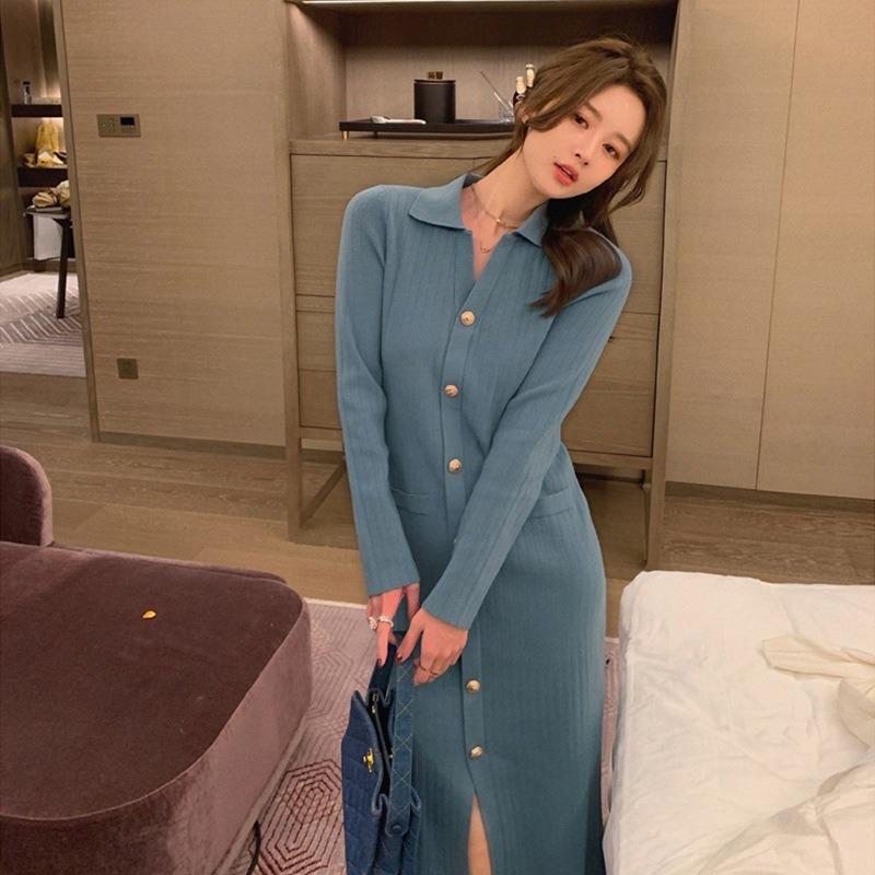 Niche Design, High-end Breasted Knitted Dress, Autumn and Winter Models, Waist-closed and Thin-bottomed Sweater Skirt